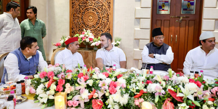 Leader of Opposition in the Lok Sabha and Congress MP Rahul Gandhi with Samajwadi Party MP Dharmendra Yadav, Congress President Mallikarjun Kharge and AAP MP Sanjay Singh attend an Iftar party hosted by Congress MP Imran Pratapgarhi at his residence.