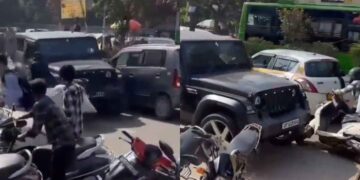 Speeding Thar Loses Control in Noida, Pedestrians Have a Narrow Escape
