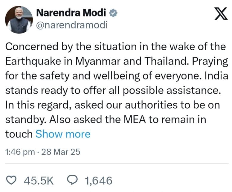 India Steps Up as the "First Responder": 15-Tonne Aid Arrives in Quake-Hit Myanmar