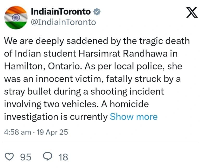 Indian Student Killed by Stray Bullet in Hamilton, Ontario — Authorities Confirm She Was an Innocent Bystander