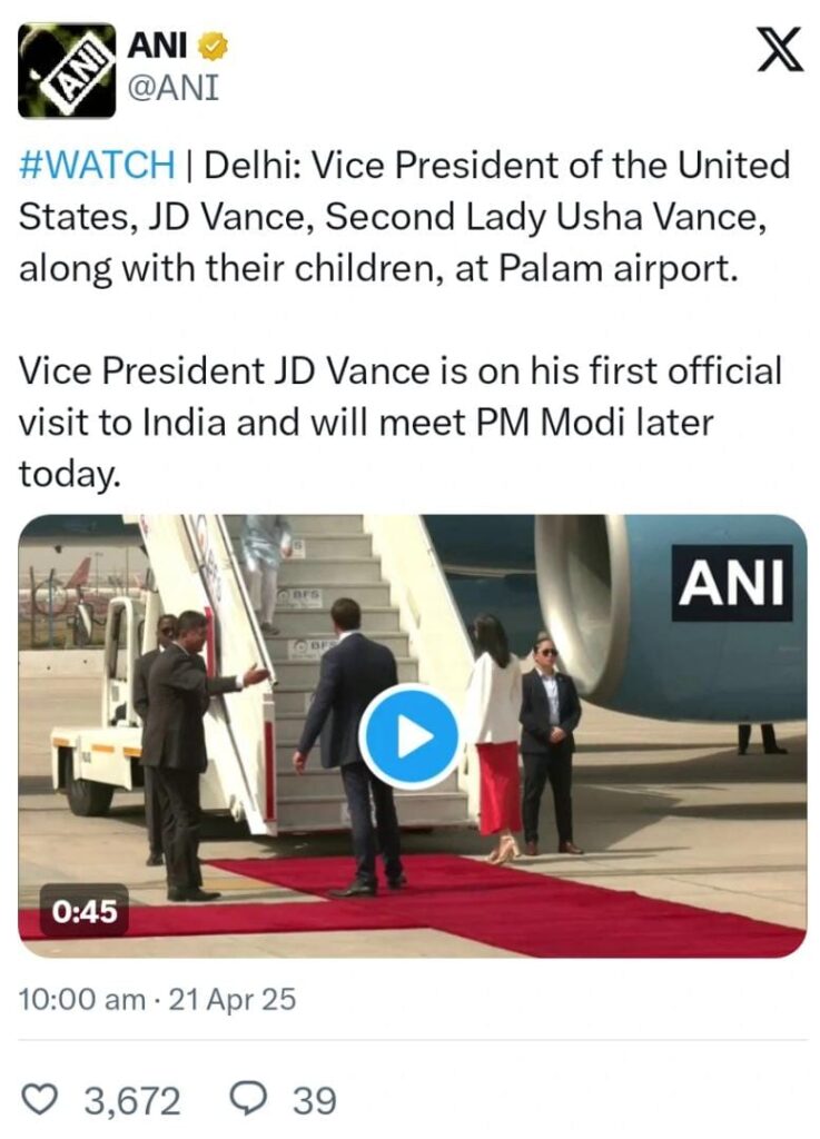 US Vice President JD Vance Arrives in India With Family, Children Dressed in Traditional Indian Attire