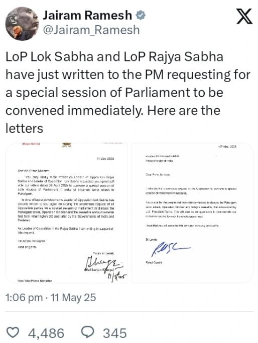 Rahul Gandhi Urges PM Modi to Convene Parliament Session Following US-Announced Ceasefire